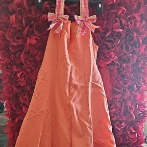 Bonnie Jean Giels Orange Dress with Plaid Bow Accents Size 12 Like New Worn ONCE